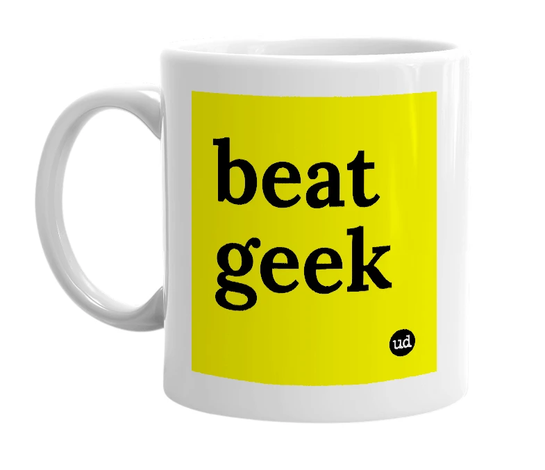 White mug with 'beat geek' in bold black letters