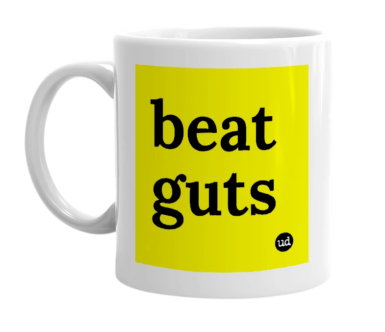 White mug with 'beat guts' in bold black letters