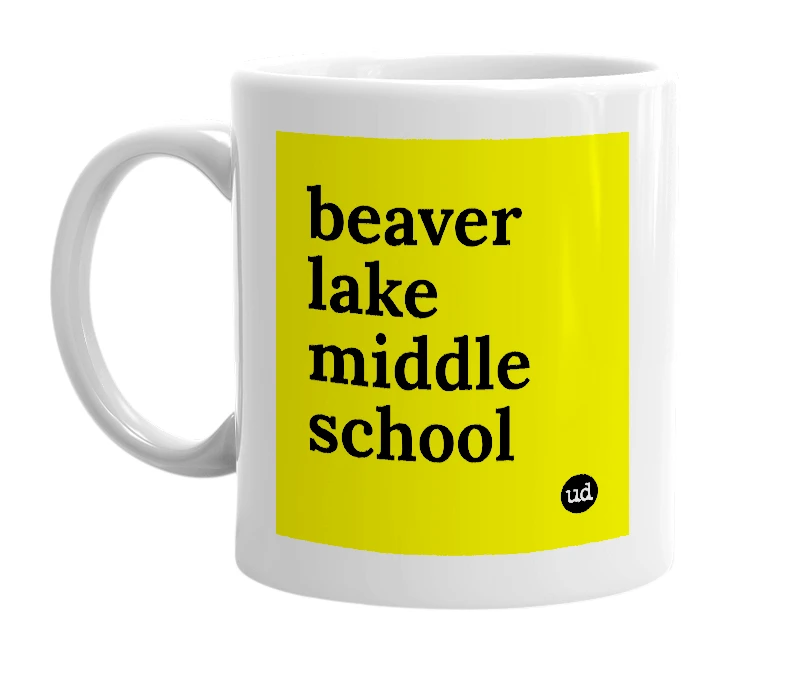 White mug with 'beaver lake middle school' in bold black letters