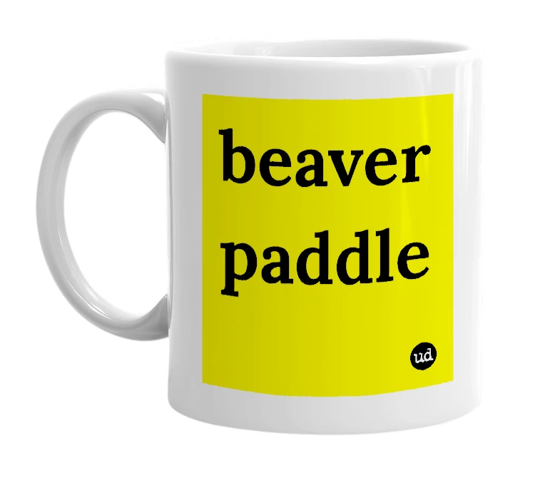 White mug with 'beaver paddle' in bold black letters