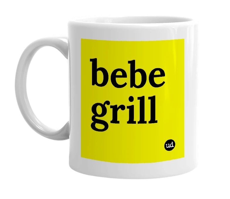White mug with 'bebe grill' in bold black letters