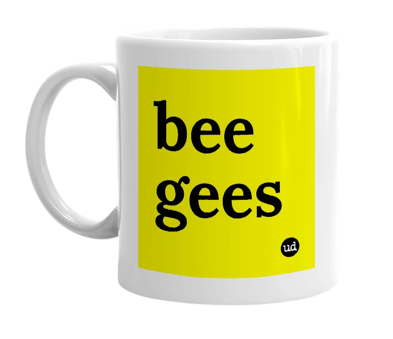 White mug with 'bee gees' in bold black letters