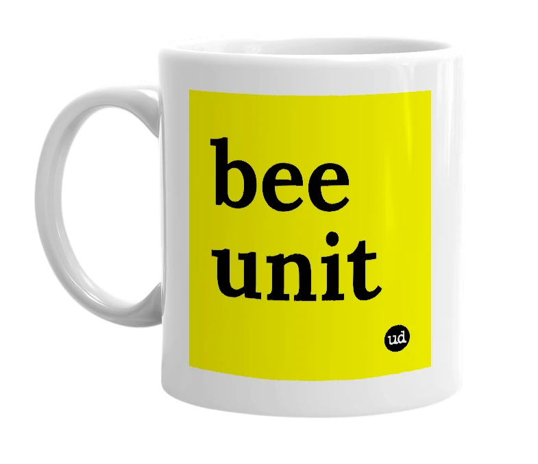 White mug with 'bee unit' in bold black letters