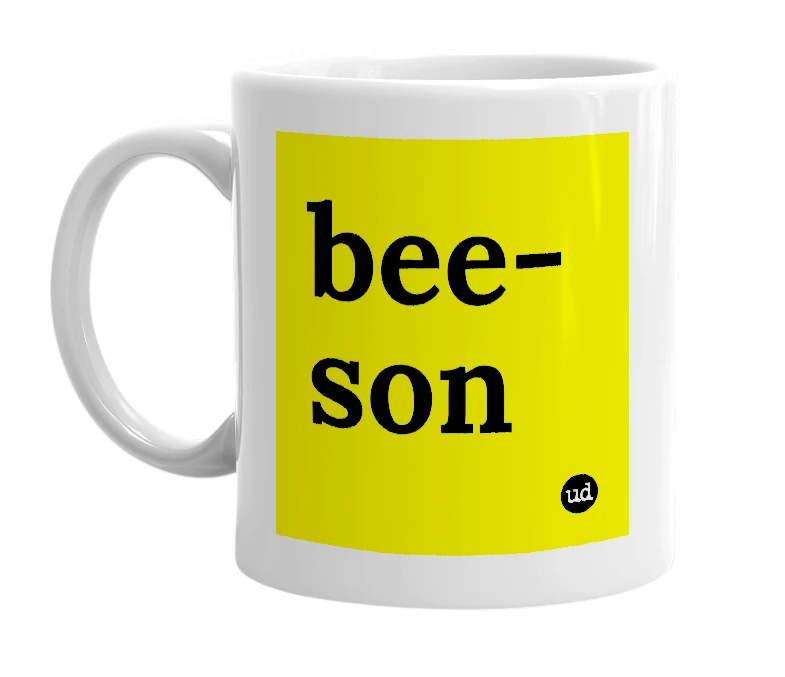 White mug with 'bee-son' in bold black letters