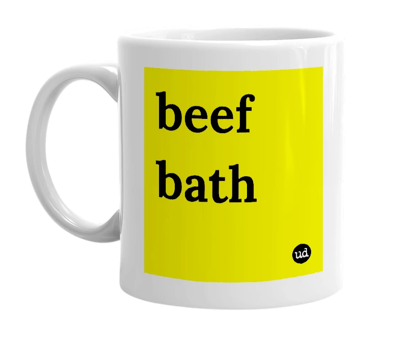 White mug with 'beef bath' in bold black letters