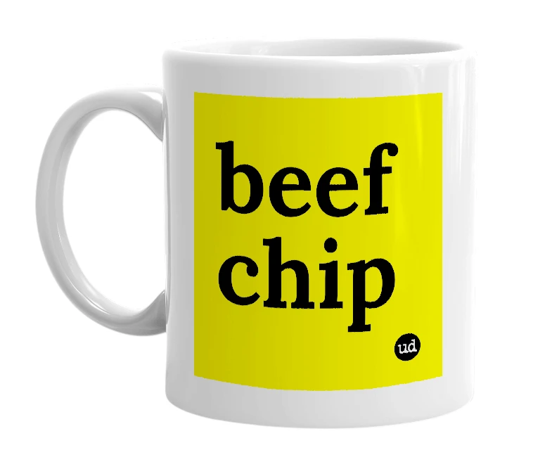 White mug with 'beef chip' in bold black letters