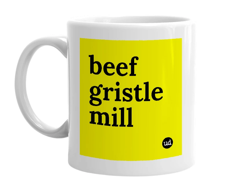 White mug with 'beef gristle mill' in bold black letters