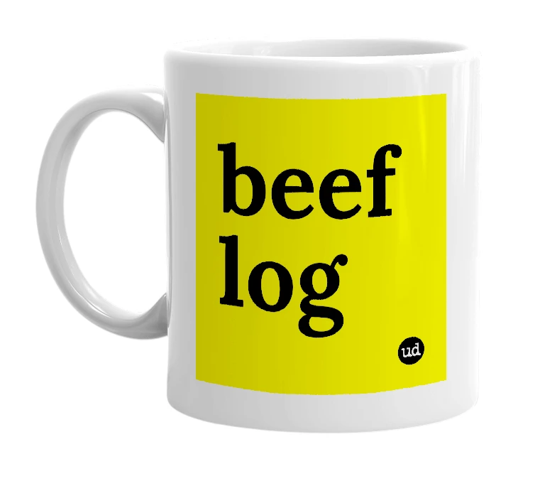 White mug with 'beef log' in bold black letters