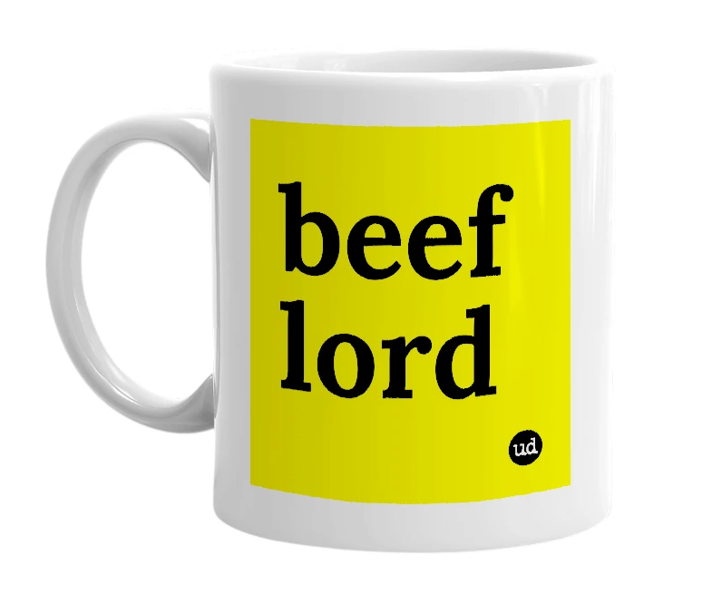 White mug with 'beef lord' in bold black letters