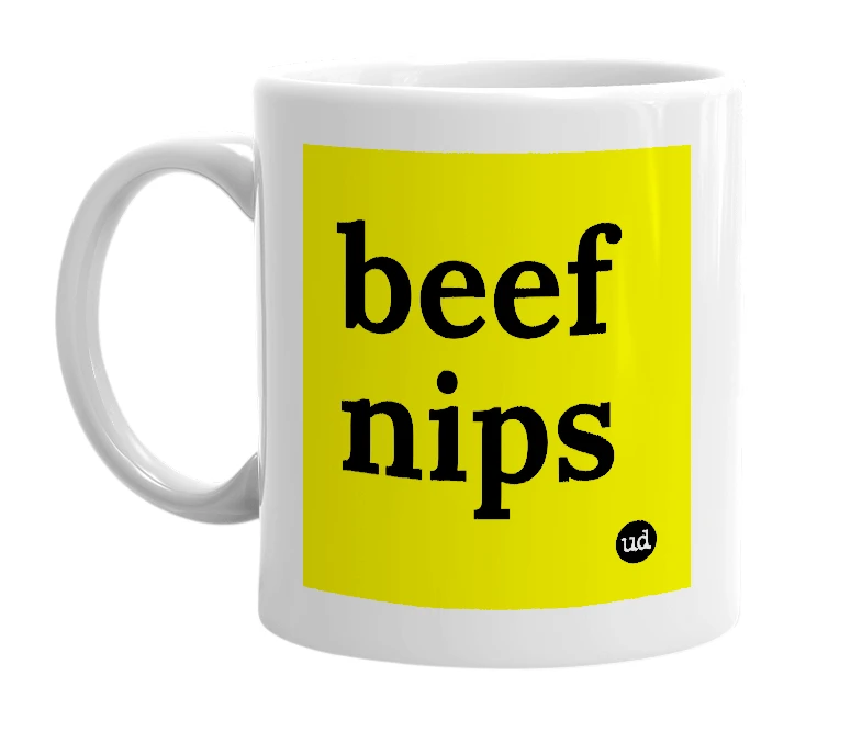 White mug with 'beef nips' in bold black letters