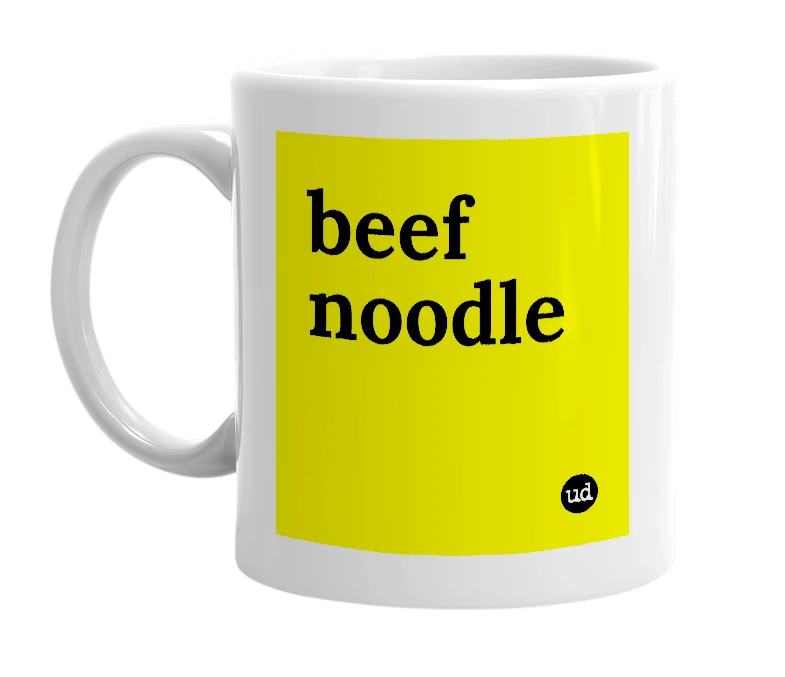 White mug with 'beef noodle' in bold black letters