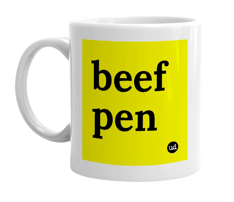 White mug with 'beef pen' in bold black letters