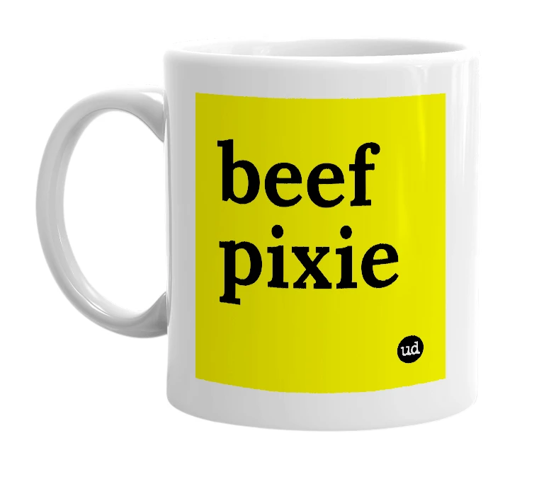White mug with 'beef pixie' in bold black letters