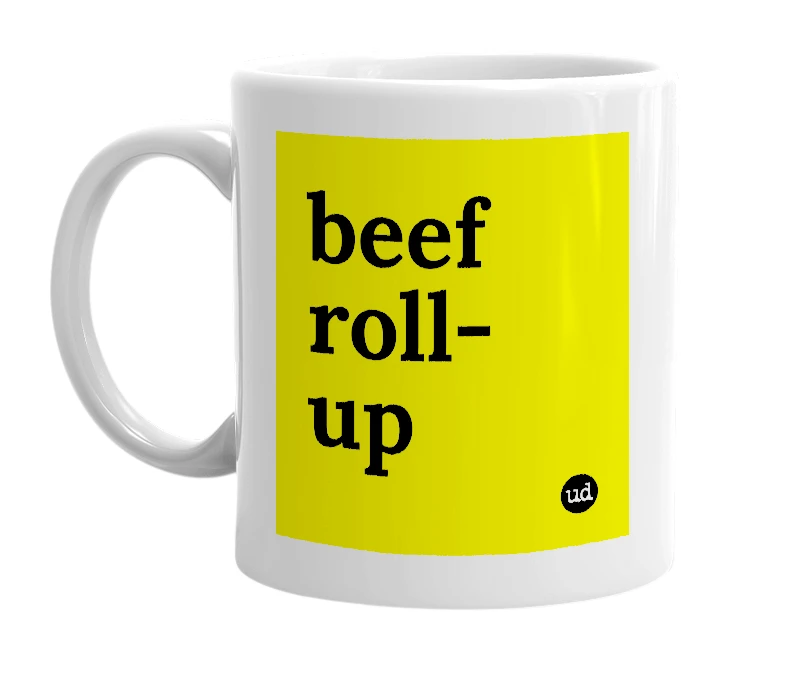 White mug with 'beef roll-up' in bold black letters