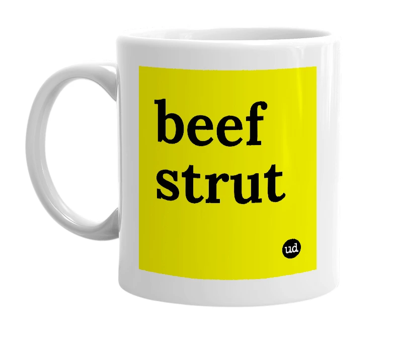 White mug with 'beef strut' in bold black letters