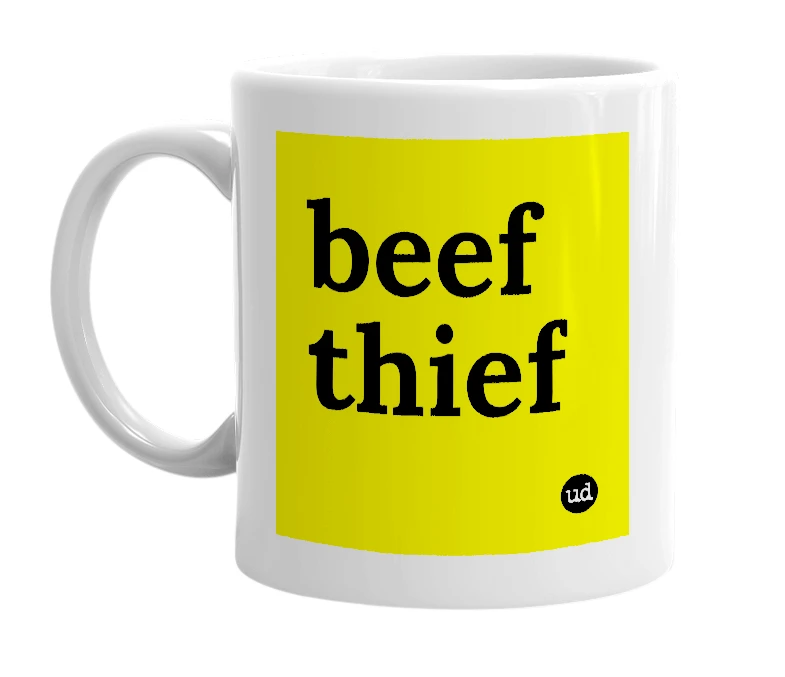 White mug with 'beef thief' in bold black letters