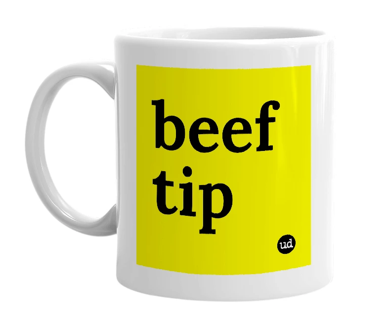 White mug with 'beef tip' in bold black letters