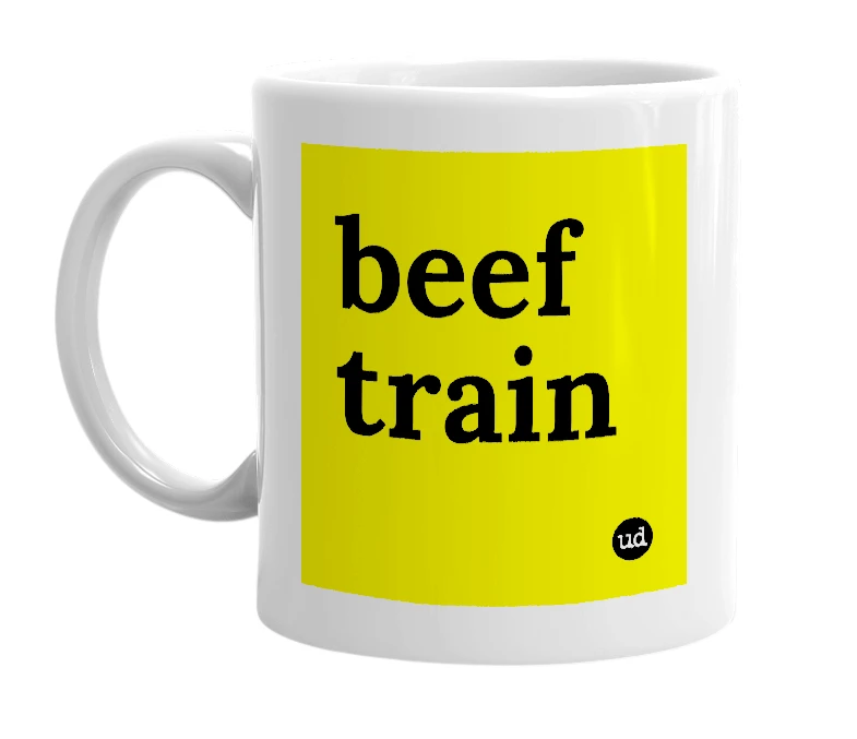 White mug with 'beef train' in bold black letters