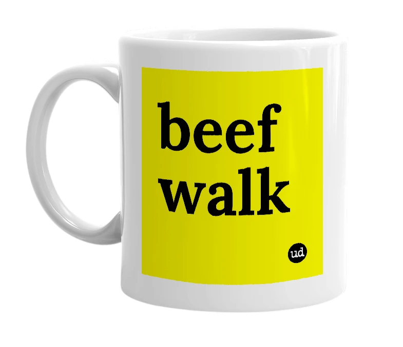 White mug with 'beef walk' in bold black letters