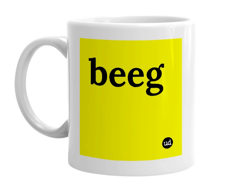 White mug with 'beeg' in bold black letters