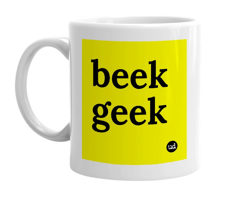 White mug with 'beek geek' in bold black letters