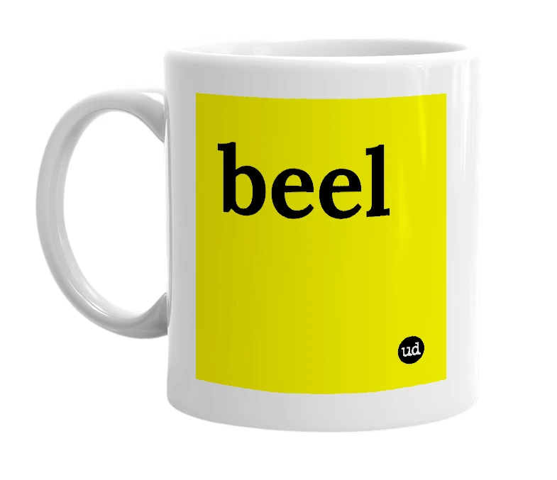 White mug with 'beel' in bold black letters