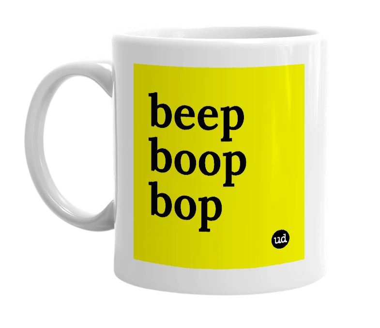 White mug with 'beep boop bop' in bold black letters