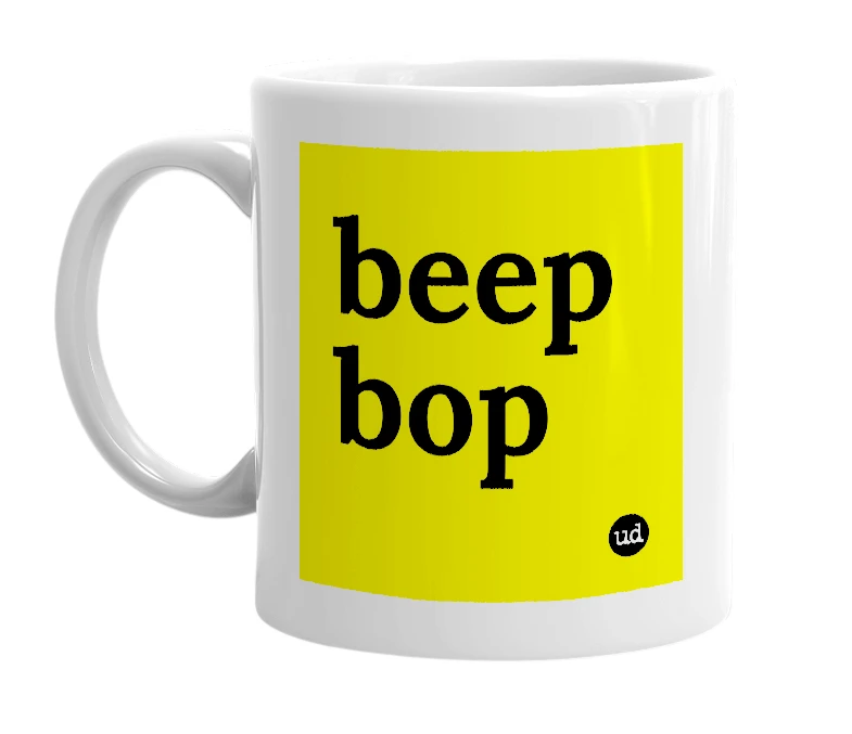White mug with 'beep bop' in bold black letters
