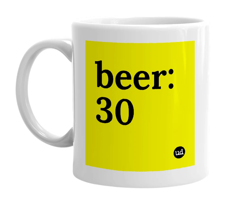 White mug with 'beer:30' in bold black letters