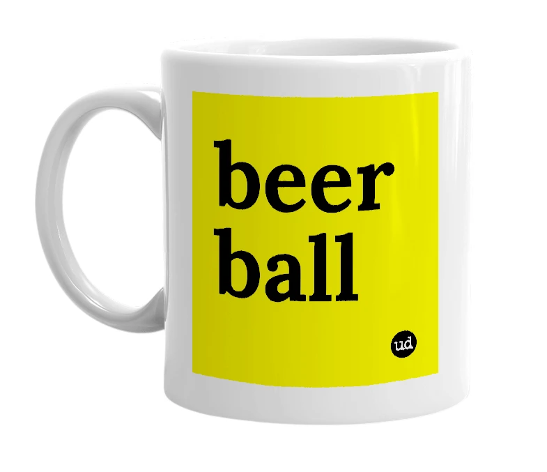 White mug with 'beer ball' in bold black letters
