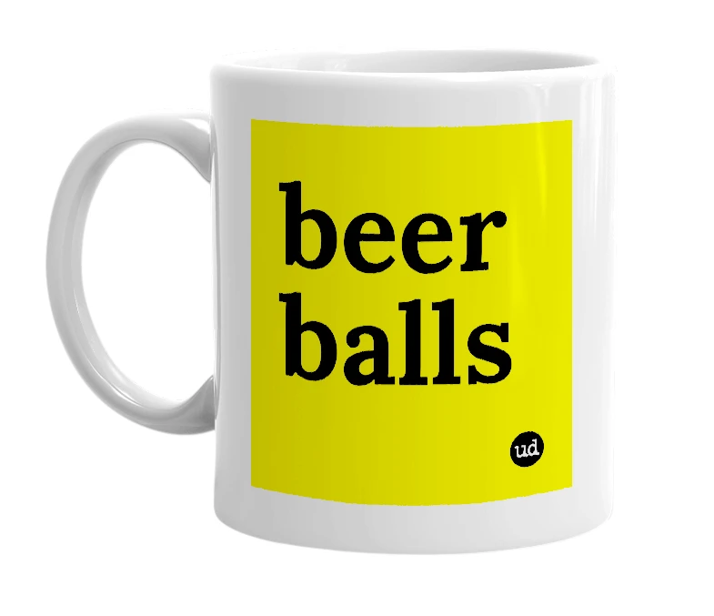 White mug with 'beer balls' in bold black letters