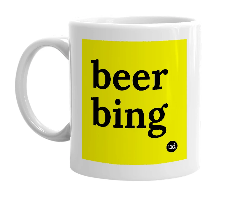 White mug with 'beer bing' in bold black letters