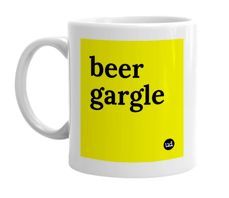 White mug with 'beer gargle' in bold black letters