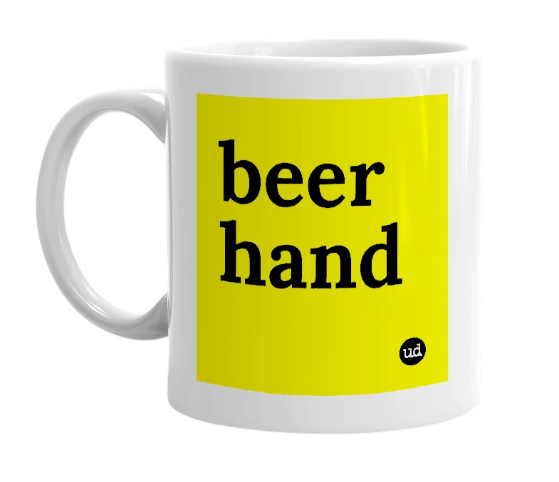 White mug with 'beer hand' in bold black letters