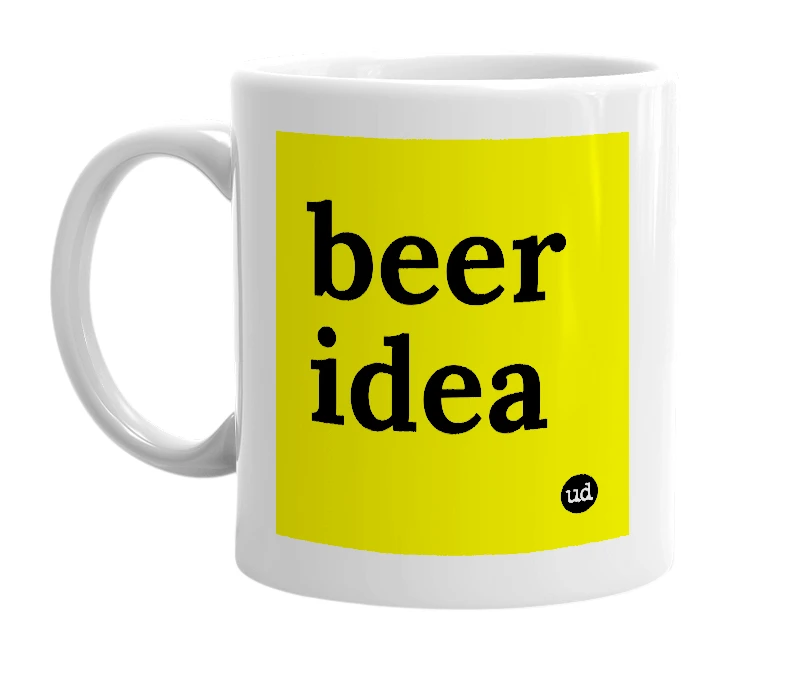 White mug with 'beer idea' in bold black letters