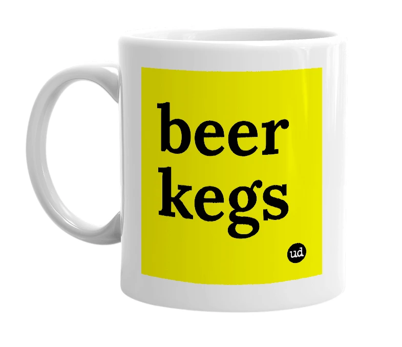 White mug with 'beer kegs' in bold black letters