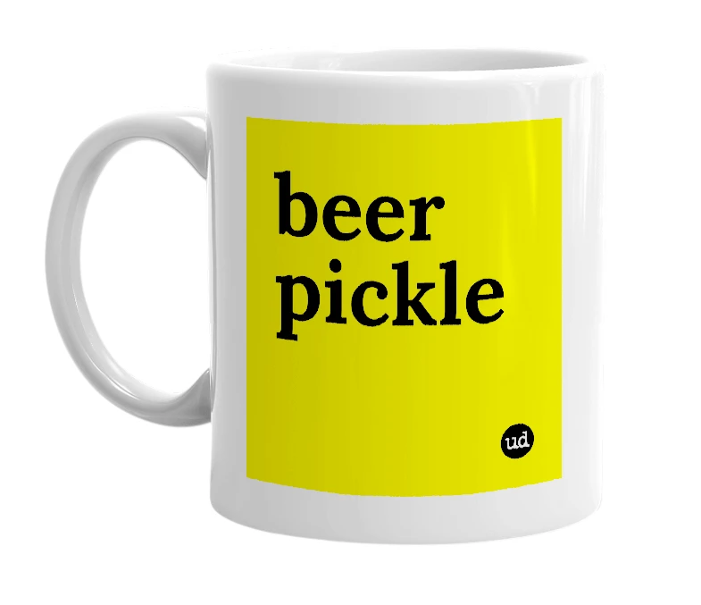 White mug with 'beer pickle' in bold black letters