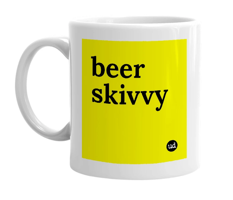 White mug with 'beer skivvy' in bold black letters