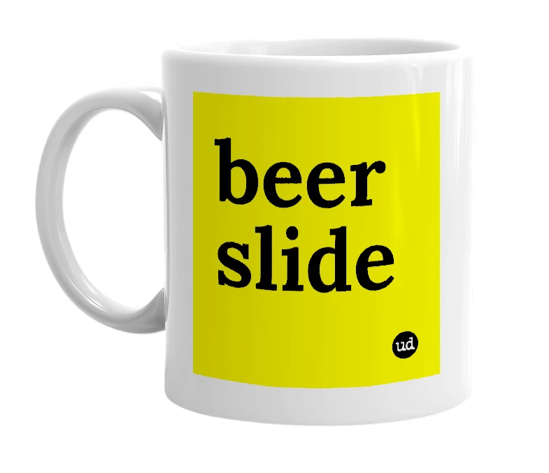 White mug with 'beer slide' in bold black letters