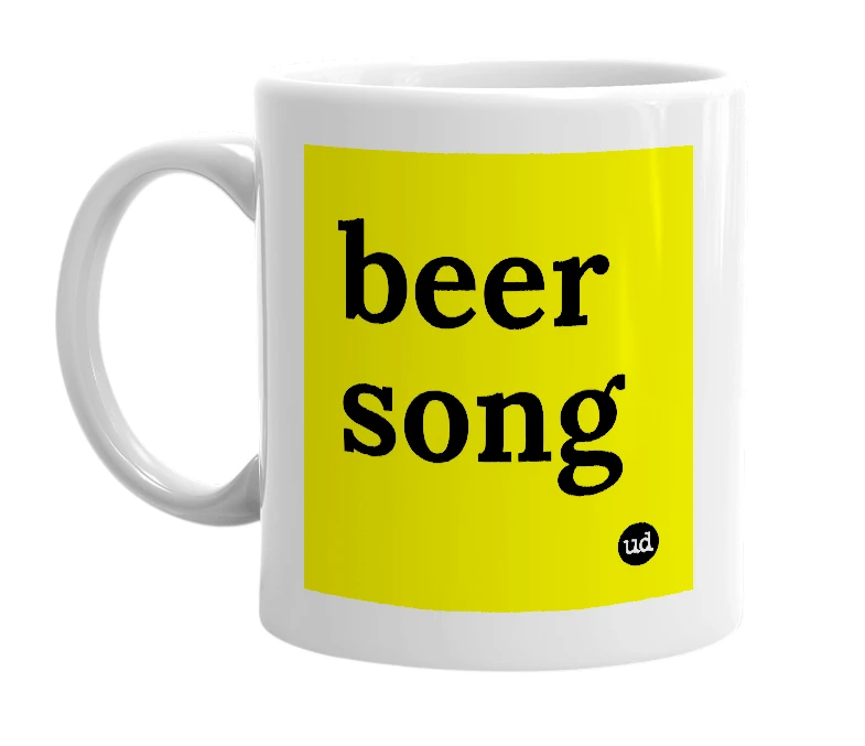 White mug with 'beer song' in bold black letters