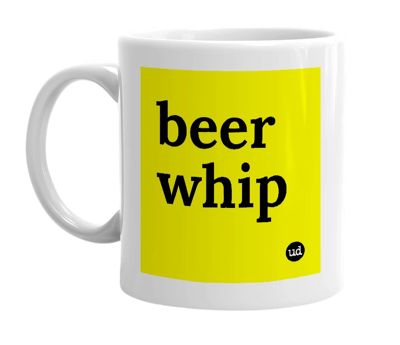 White mug with 'beer whip' in bold black letters