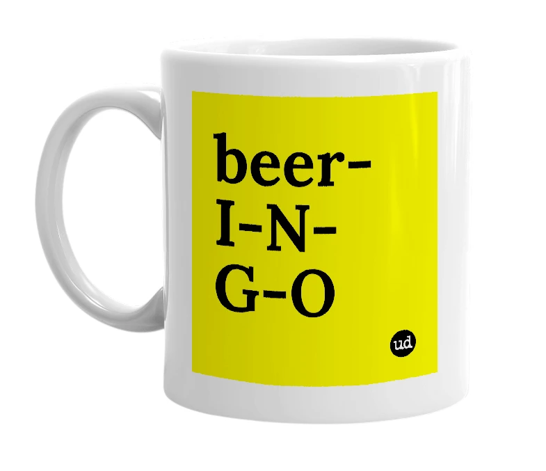 White mug with 'beer-I-N-G-O' in bold black letters