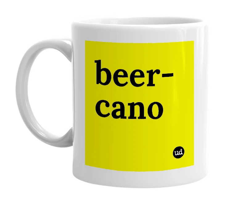 White mug with 'beer-cano' in bold black letters