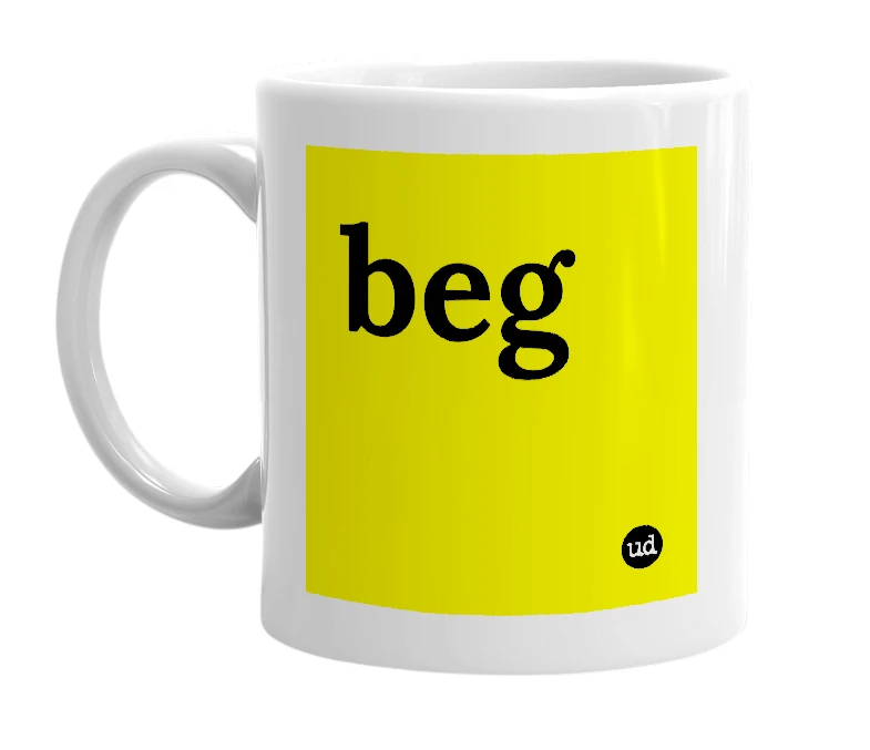 White mug with 'beg' in bold black letters