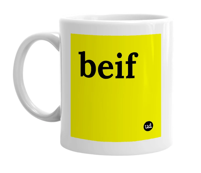 White mug with 'beif' in bold black letters