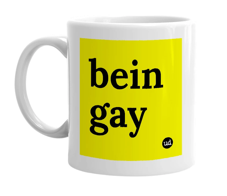 White mug with 'bein gay' in bold black letters