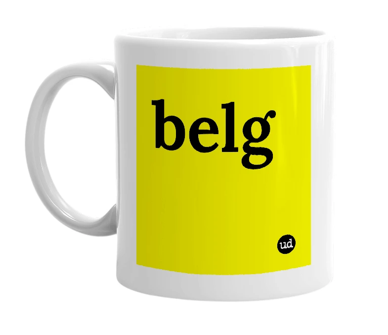 White mug with 'belg' in bold black letters