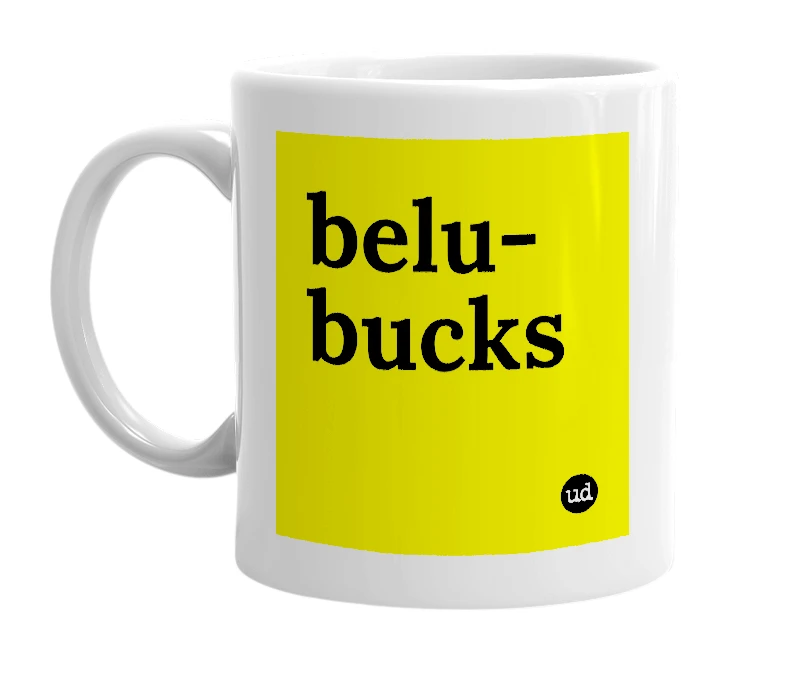 White mug with 'belu-bucks' in bold black letters