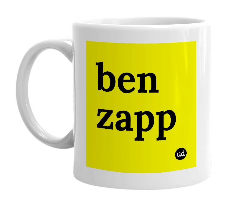 White mug with 'ben zapp' in bold black letters