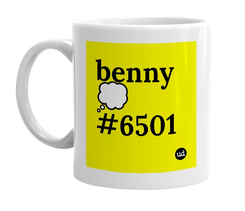 White mug with 'benny 💭#6501' in bold black letters